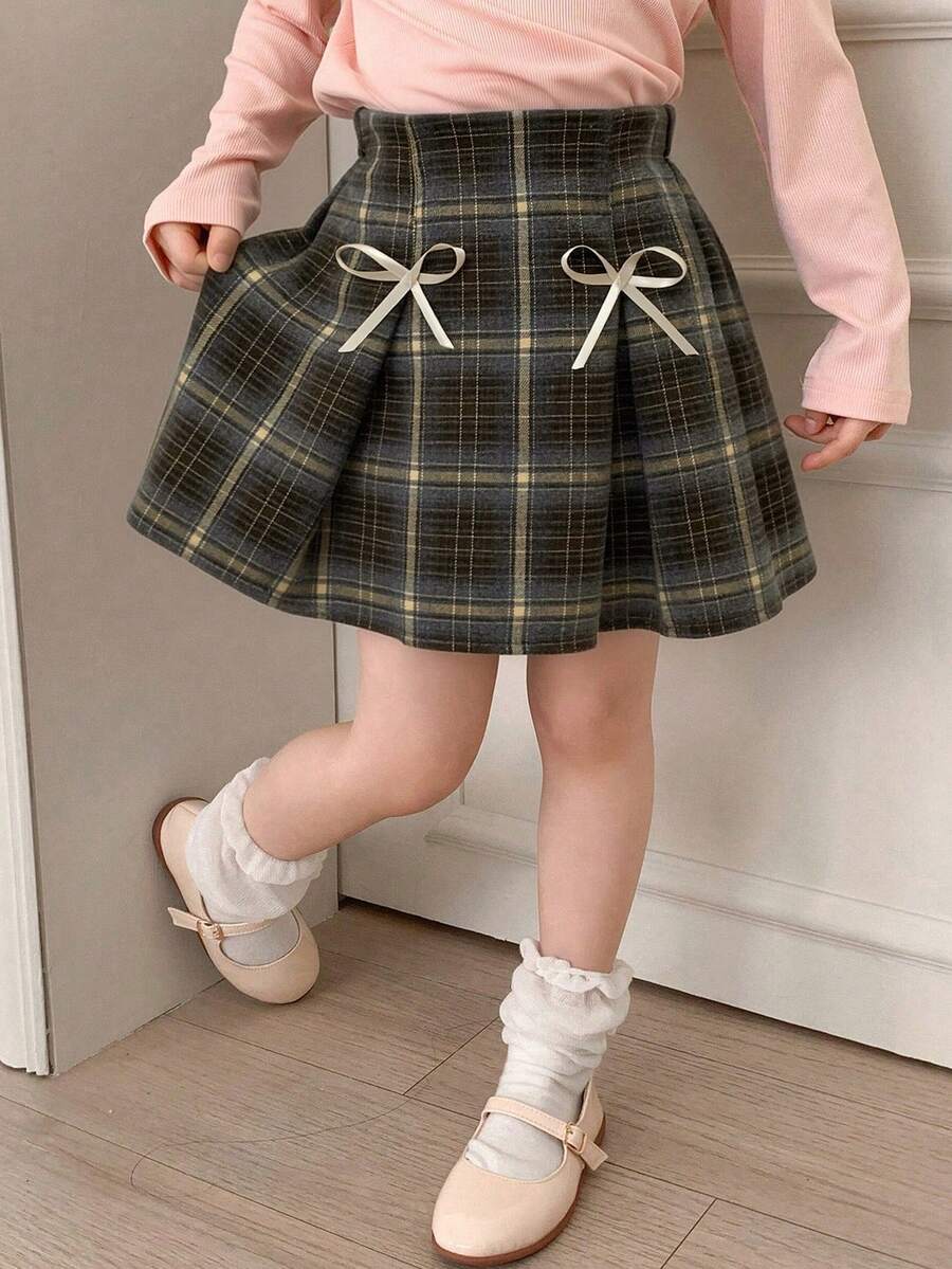 Dazy Kids 女童休闲格子蝴蝶结装饰迷你裙,春夏款 - 彩色 - 查看 1