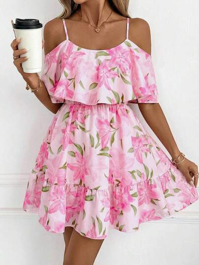 SHEIN Clasi Women's Floral Print Mini Dress, Elegant For Vacation And Party Summer Dress Easter  Party Dress Beach Dress Weddings & Events Elegant Vacation Dresses Ruffle Dress Pink Dress  Summer Vacation Outfits Women Going Out Outfits