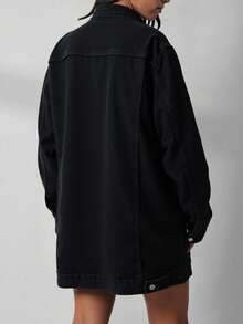 EURMUSE 100%Cotton Flap Pocket Button Front Denim Coat - Black - View 2