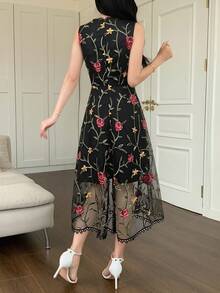 DAZY Floral Print Sleeveless Midi Dress For Women Sundress Summer - Black - View 2