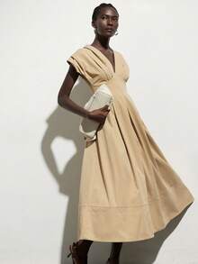 Aveloria Modichic Oversized Padded Shoulder Cap Sleeve Cinched Waist Pleated Dress, Beige Tone Long Dress For Women - Khaki - View 6