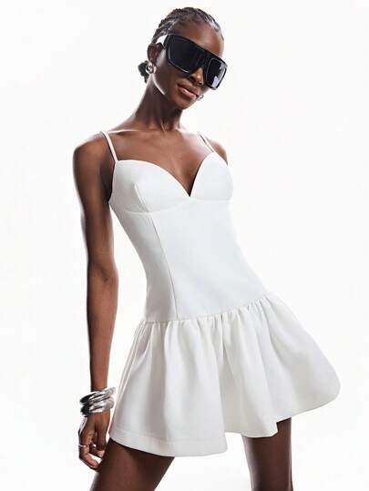 GENKIRA White Solid Color Bra-Style Spliced Hem Pleated Design Minimalist Casual Versatile Ballet Sports Inspired Women's Camisole Mini Dress, Spring/Summer