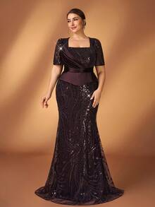 Serin 大码优雅奢华珍珠串珠亮片刺绣网纱袖钻石美人鱼礼服，适合婚礼、派对、度假、新娘、新娘母亲晚礼服 - 咖啡棕 - 查看 2