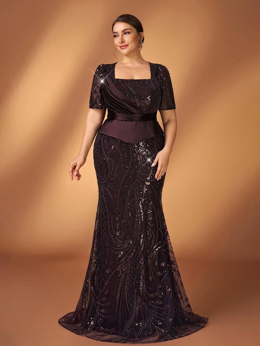 Serin 大码优雅奢华珍珠串珠亮片刺绣网纱袖钻石美人鱼礼服，适合婚礼、派对、度假、新娘、新娘母亲晚礼服