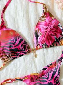 Swim Mod Springbreak Women Beachwear Summer Outfits, Random Print Halter Metal Decor Sexy Bikini Set - Multicolor - View 5