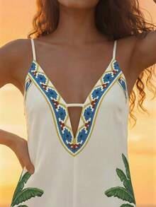 CAJUNI 热带度假可爱刺绣连体裤 - 杏色 - 查看 5