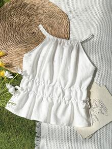 Vintaside Kids 1件女童无袖露脐上衣，白色简约荷叶边下摆设计吊带背心，适合叠穿 - 白色 - 查看 1