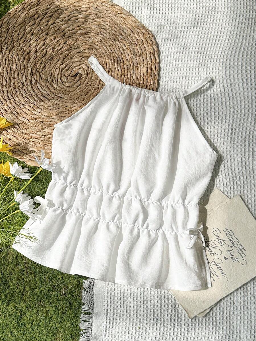 Vintaside Kids 1件女童无袖露脐上衣，白色简约荷叶边下摆设计吊带背心，适合叠穿 - 白色 - 查看 1