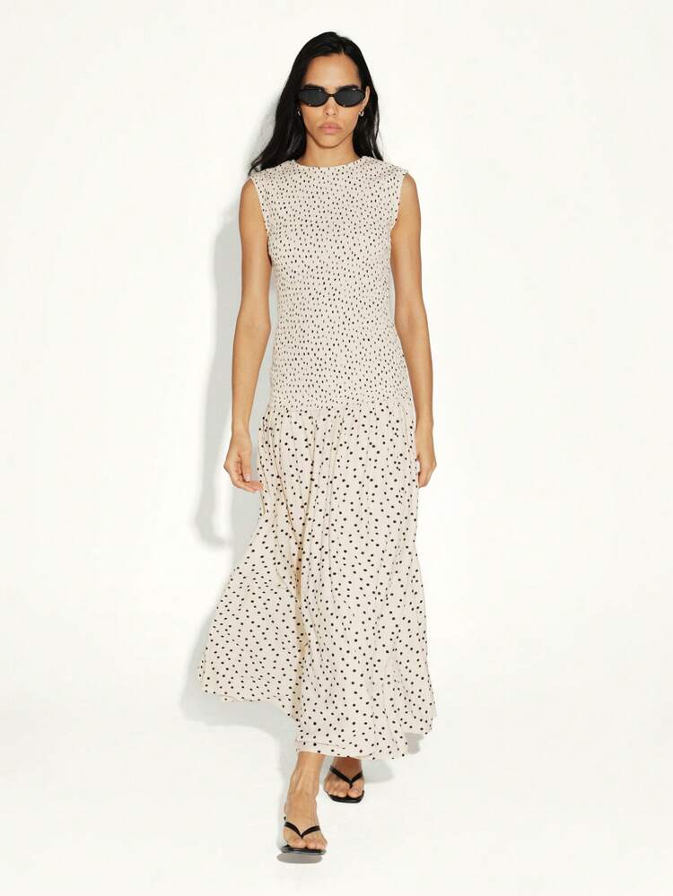 KSTM Sleeveless Smock Maxi Dress With Polka Dot Print And Relaxed Fit For Casual Summer Occasions