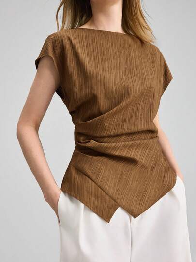 Ontre Women's Coffee Brown Comfortable Wavy Textured Fitted Sleeveless Mandarin Collar Pleated Shoulder Tie Waist Modern Elegant Wedding Guest, Minimalist Romantic French Luxe Urban Chic Business Casual Office Wear, Low-Key Old Money Vibe High-End City Commute High-Quality Airport Cruise Middle East Essential Versatile Seasonal Bridal Series Vest Top