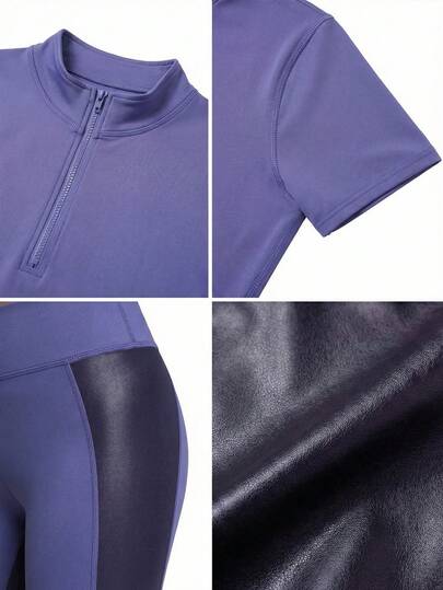 Innovista 女士撞色拉链领短袖T恤、耳环、紧身裤、马术服