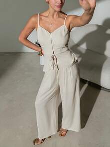 Lavishia 女士亚麻套装，舒适套装，优雅度假百搭裤装，春夏款 - 杏色 - 查看 6