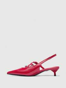 CUCCOO BIZCHIC Women's Pointed Toe Red Patent Leather Multi-Strap Backless Stiletto Heel Pumps, Fashionable For Commuting And Dating - Red - View 4