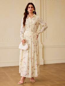 ZEYLAH 女士花卉印花优雅蕾丝裙 - 杏色 - 查看 6