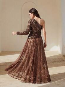 Anewsta Vestido asimétrico elegante y de moda con encaje y cuentas en contraste, adecuado para fiestas, banquetes, festivales y otras ocasiones - Café integral - Ver 2