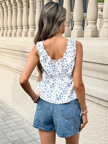 SHEIN PariChic Áo camisole nữ thanh lịch cổ tròn, xếp ly, thắt nơ, họa tiết hoa. - trắng - Xem 2