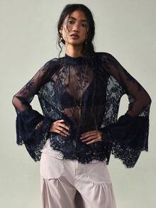 SoleilVie Women's Mandarin Collar Raglan Sleeve Elegant Blouse - Royal Blue - View 3