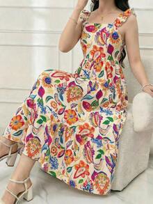 SHEIN 少女碎花印花优雅方领荷叶袖收腰长裙，春夏假日风 - 彩色 - 查看 3