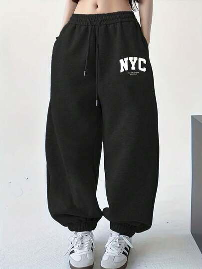 Mujer006 Pantalones largos cómodos y casuales para señora de cuatro estaciones Pantalones deportivos sueltos negros con el distintivo NYC, ideales para un look cómodo y