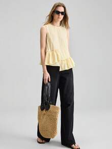 Ontre 女士荷叶边下摆撞色衬衫，优雅别致的法式奢华面料，适合商务、休闲、通勤、高端机场、邮轮、中东活动、四季皆宜、婚礼宾客等场合。 - 黃色 - 查看 2