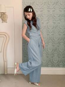 DAZY Conjunto de blusa de cuello redondo y pantalones de pierna ancha para niñas preadolescentes - Azul - Ver 5