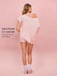 GLOWMODE 2 Pieces Tencel™ Modal 4.3'' Off-Shoulder Tee & 4.3" FeatherFit™ Buttery-Soft High-Rise Crossover Waist Biker Shorts Gym Cycling Running - Pink - View 2