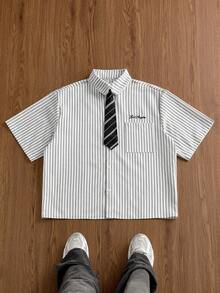 Manfinity Unisex Men's Casual Striped Letter Embroidery Short Sleeve Shirt, Summer - Black and White - View 3