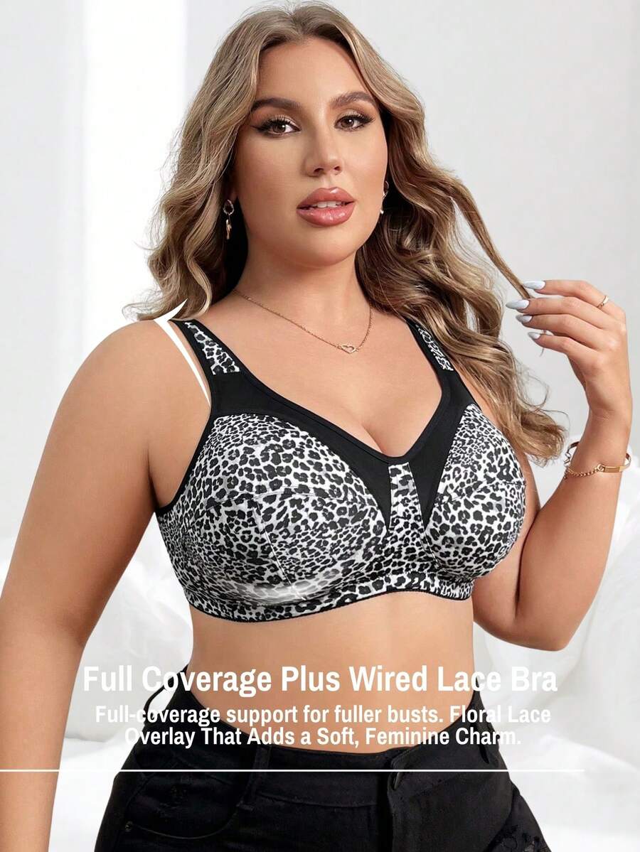 SHEIN 1 pieza Sujetador inalámbrico de talla grande con estampado de leopardo empalmado - Multicolor - Ver 1
