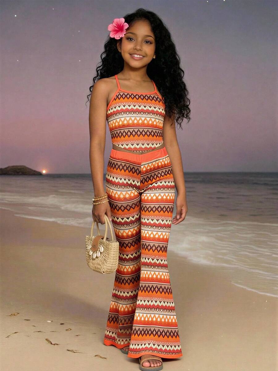 Sparklyn Tween Girls' Vacation Beach Colorful Striped Jacquard Contrast Color Tank Top + Flare Pants Set - Orange - View 1