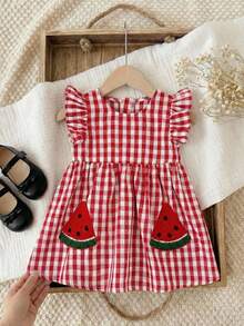 SHEIN 新生女宝宝可爱休闲红白格子草莓图案连衣裙 - 彩色 - 查看 4