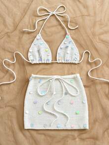 Soleia Conjunto de 2 piezas de top corto de punto con escote halter con lentejuelas y minifalda de punto para vacaciones de mujer - Blanco - Ver 5