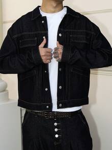 Manfinity Hypemode Men's Dark Washed Blue Denim Long Sleeve Jacket, Casual Loose Fit Spring/Autumn - Dark Wash - View 4