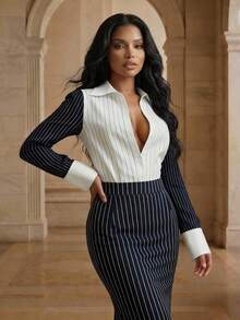 Savoree Women's Elegant Urban Chic High-End Navy Blue & White Striped Patchwork Waist Shirt, Spring/Summer - Black and White - View 7