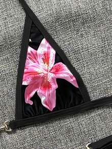 Swim Vcay 2pcs Women's New Floral Print Spaghetti Strap Backless Micro Triangle Top And Thong Sexy Bikini Set Set - Black - View 4