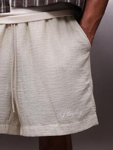 PLAYBOY X SUMWON Relaxed Fit Linen Feel Shorts With Drawstring Waist And Side Pockets Lightweight Breathable Comfortable Mid Thigh Length Beige Natural Texture Beach - Khaki - View 5