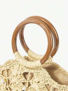 Maija 女士手提包，草编包，珍珠装饰，海洋主题饰品，时尚，优雅，简约，个性，百搭，适合海滩、度假、假日、夏季、海边、沙滩派对 - 米色 - 查看 6