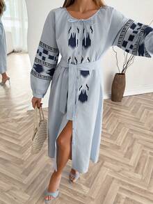 Women's Bohemian Style Casual Embroidered Tie Collar Long Sleeve Off-Shoulder Ruffle Hem Dress - Blue - View 1
