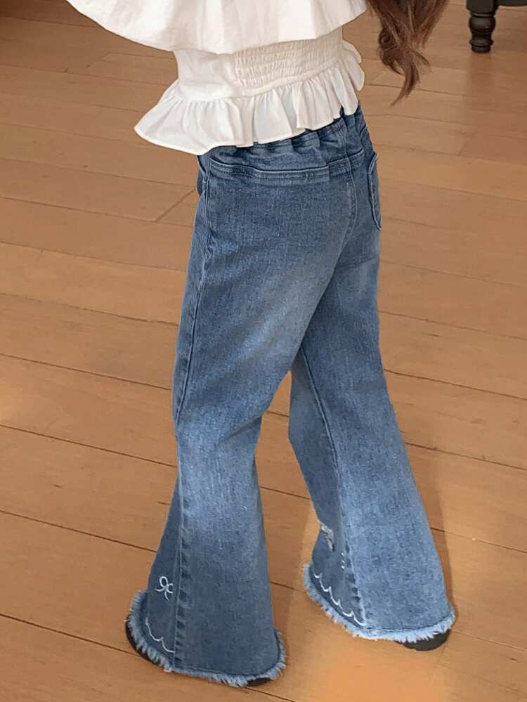 Young Girls Embroidered Flare Denim Pants, Fall
