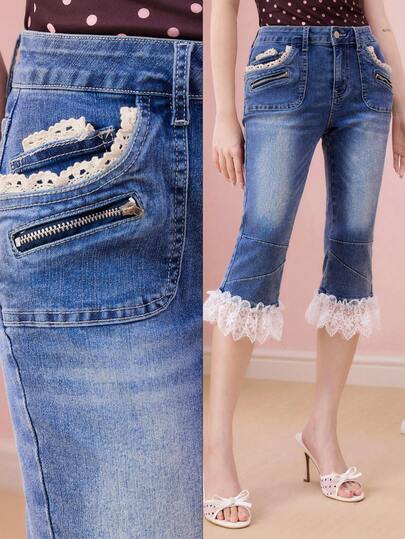 ROMWE Avant Women's Vintage Contrast Lace Waist Belt Decor Skinny Super Low Waist 7/8 Length Jeans