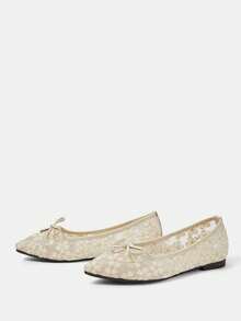 CUCCOO HITCHD Zapatos de ballet con punta puntiaguda, malla transpirable y lazo. Zapatos elegantes y versátiles de color beige con diseño slip-on para dama - Beis - Ver 10