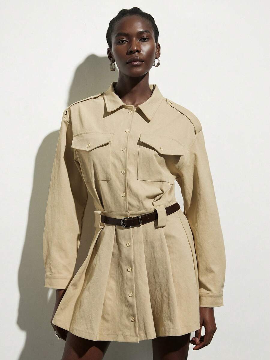 Aveloria Modichic Europäisch-amerikanischer Retro-Mode Lässig Kragen Mehrtaschen Plissee Langarm Midi Kleid - Khaki - Übersicht 1