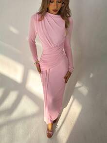 Aloruh 女士优雅不对称领口腰部褶皱网纱派对连衣裙 - 淺粉色 - 查看 8