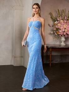 MOTF Soiréza 亮片撞色网纱鸡尾酒裙 - 藍色 - 查看 1