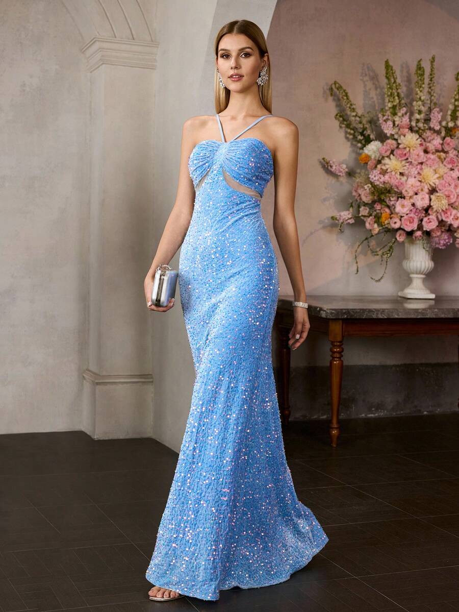 MOTF Soiréza 亮片撞色网纱鸡尾酒裙 - 藍色 - 查看 1