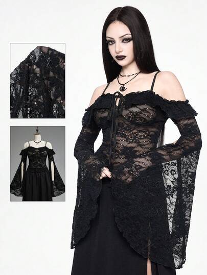 ROMWE Spring/SummervacationblackWomen's Gothic Lace Sheer Off-Shoulder Flare Sleeve Top