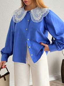 Áo kiểu nữ thanh lịch với cổ áo Peter Pan thêu độc đáo, áo tay dài kiểu dáng thường ngày - Màu xanh lam - Xem 5