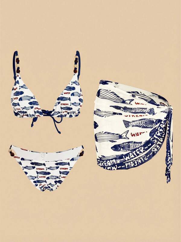 Travachic Vacation Beach Fish Print Bikini Cover Up & Skirt Set, Random Mixed Color Beaded