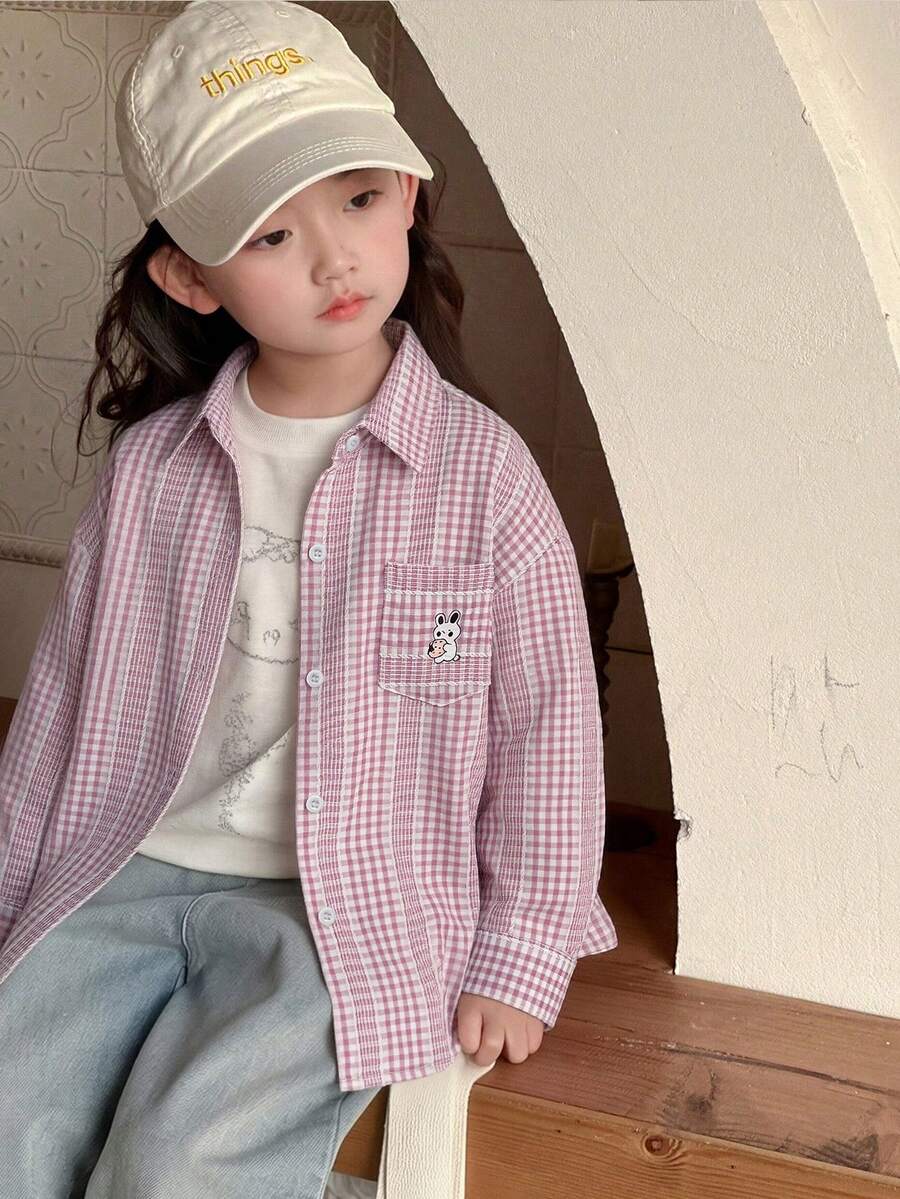 Dazy Kids Áo sơ mi dài tay cổ kẻ caro in hình hoạt hình dành cho bé gái, kiểu dáng thường ngày, đa năng, thích hợp mặc hàng ngày. - Hồng - Xem 1