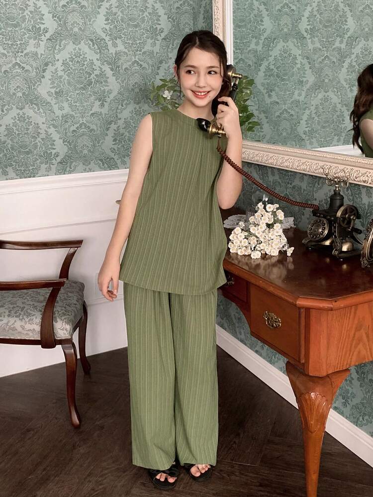 Tween Girl Solid Color Round Neck Loose Sleeveless Shirt And Pants Casual Suit