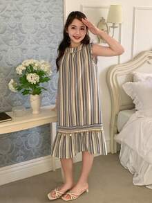 DAZY 女童条纹无袖圆领连衣裙，秋季穿搭 - 藍色 - 查看 6
